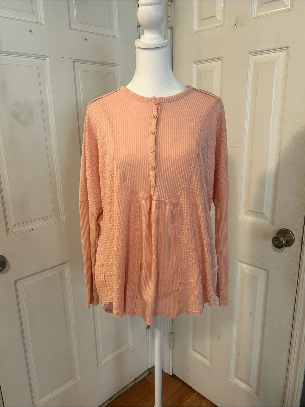 NWT Light Peach Button-Front Waffle Tunic Top
